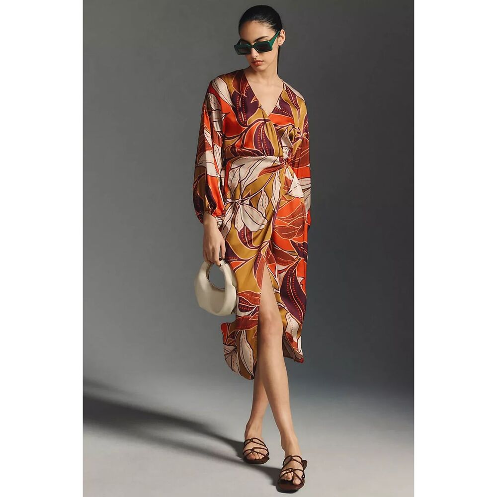 By Anthropologie Floral Printed Midi Dress orange brown tropical size small